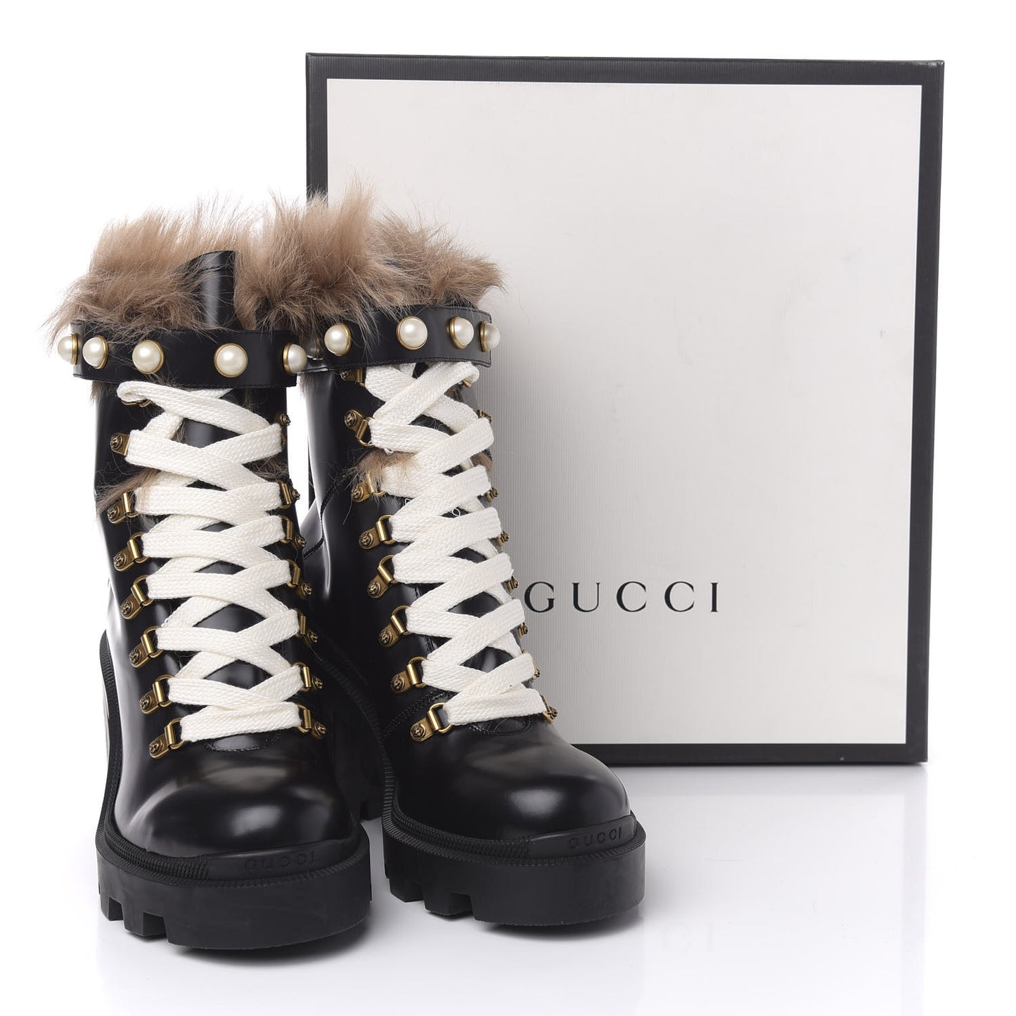 Magnum Calfskin Fur Pearl Lace Up Combat Ankle Boots 40 Black Naturale