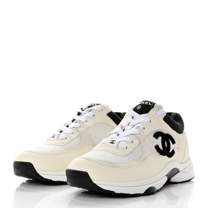 Chanel Mesh Suede Calfskin Grained Calfskin Womens CC Sneakers 38 White Black 3 of 8