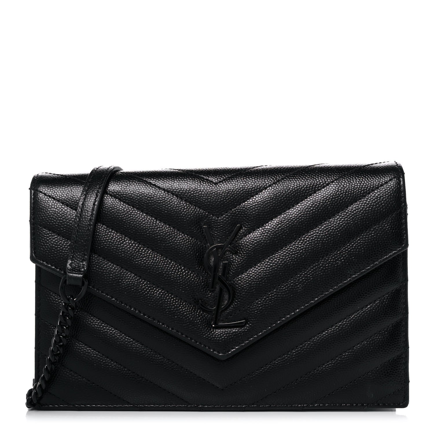 Saint Laurent Grain De Poudre Matelasse Chevron Monogram Monochrome Envelope Chain Wallet Black 1 of 10