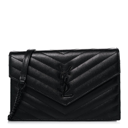 Saint Laurent Grain De Poudre Matelasse Chevron Monogram Monochrome Envelope Chain Wallet Black 1 of 10