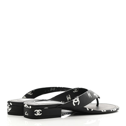 Chanel Lambskin Printed CC Thong Sandals 40 Black White 4 of 8