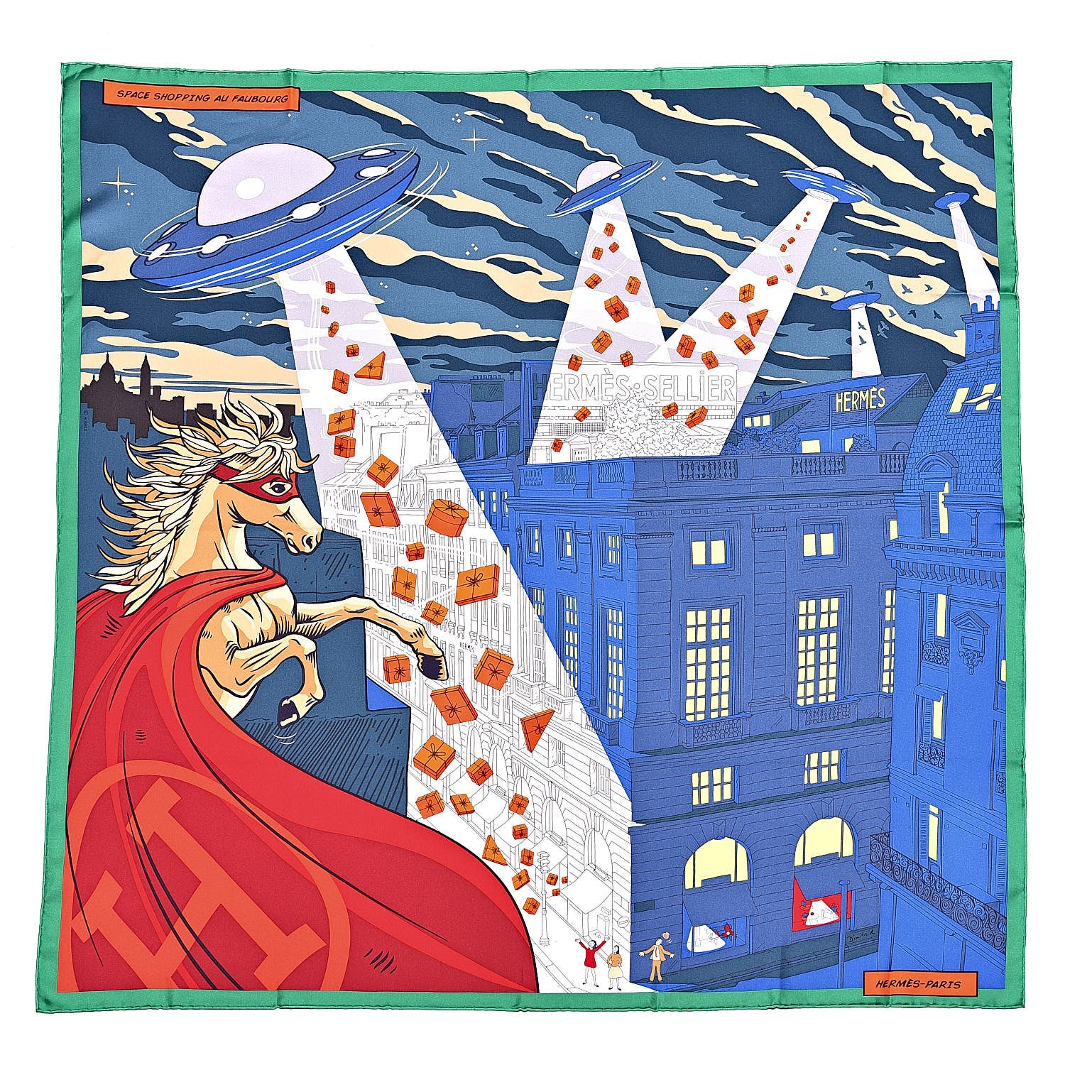 Hermes Silk Space Shopping Au Faubourg Scarf 90 Bleu Vert Rouge 1 of 4