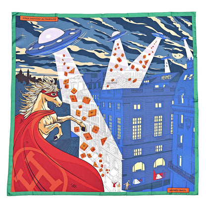 Hermes Silk Space Shopping Au Faubourg Scarf 90 Bleu Vert Rouge 1 of 4