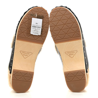 Prada Natural Calfskin Shearling Metal Triangle Logo 45mm Clogs 41 Black Sabbia 5 of 10