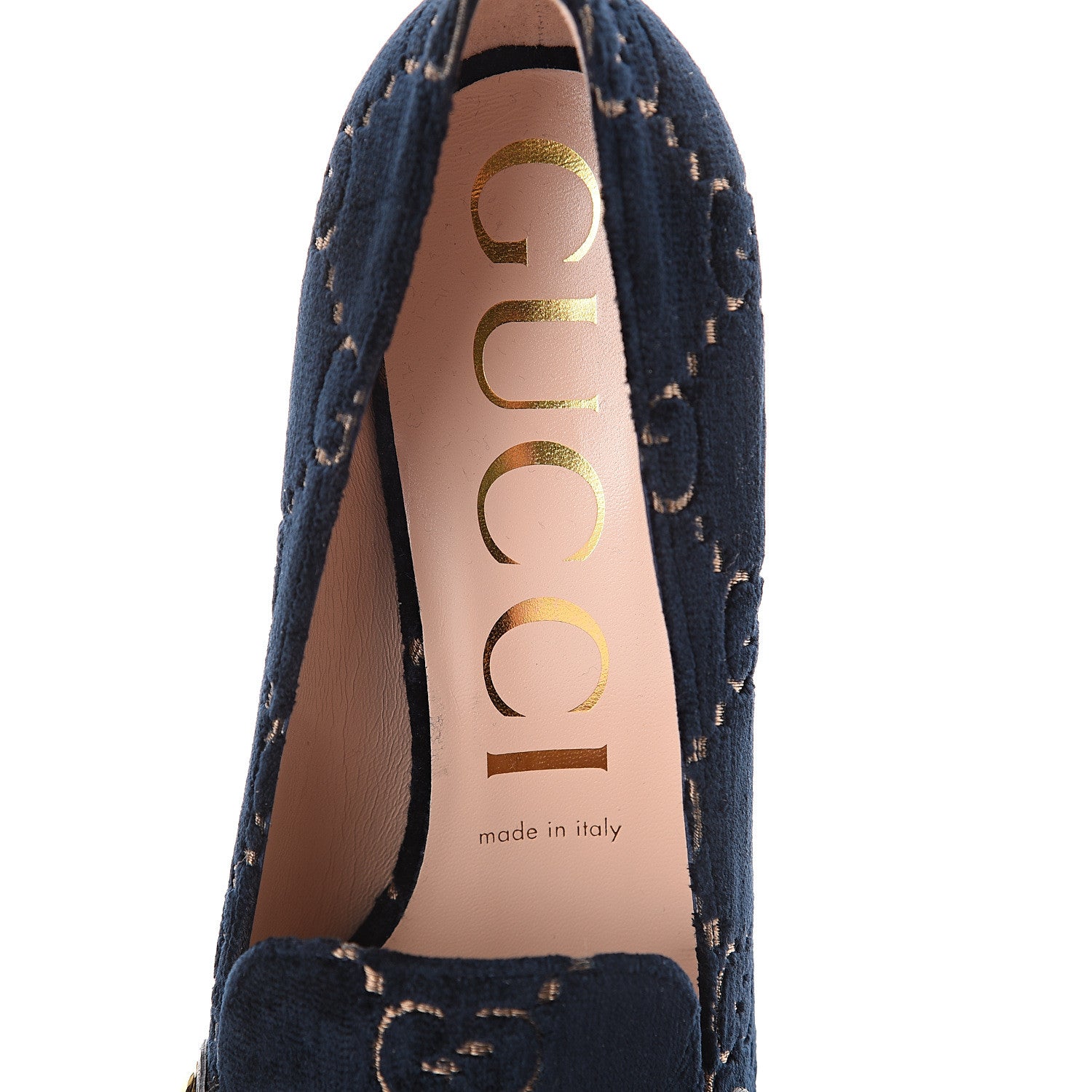 Gucci Velvet GG Monogram Sylvie Web Chain Mid Heel Loafers 40 Blue Beige 5 of 7