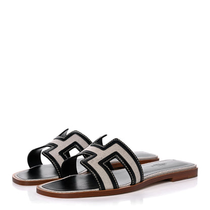 Hermes Calfskin Canvas Oran Sandals 38 Black 3 of 10