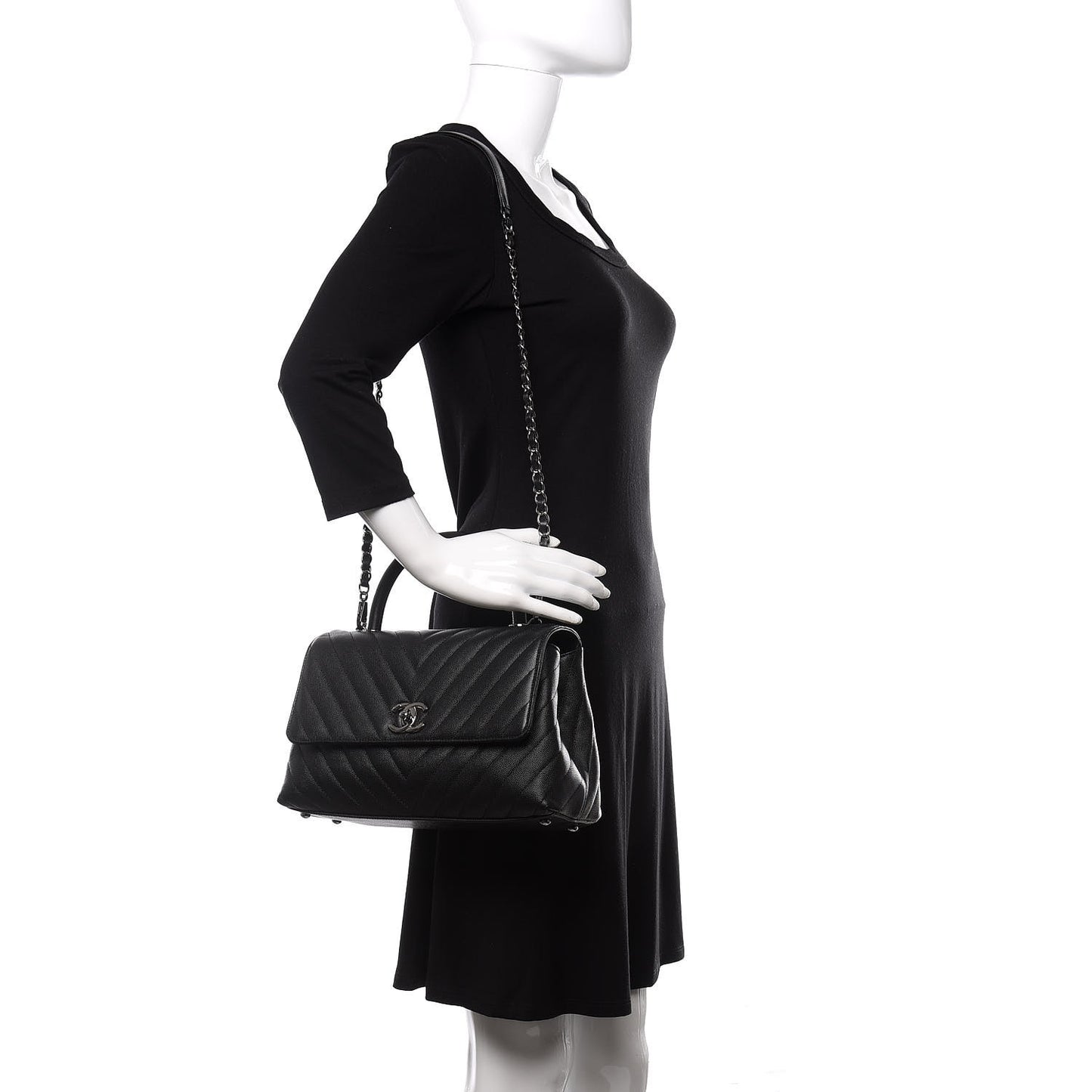Caviar Chevron Quilted Small Coco Handle Flap Black