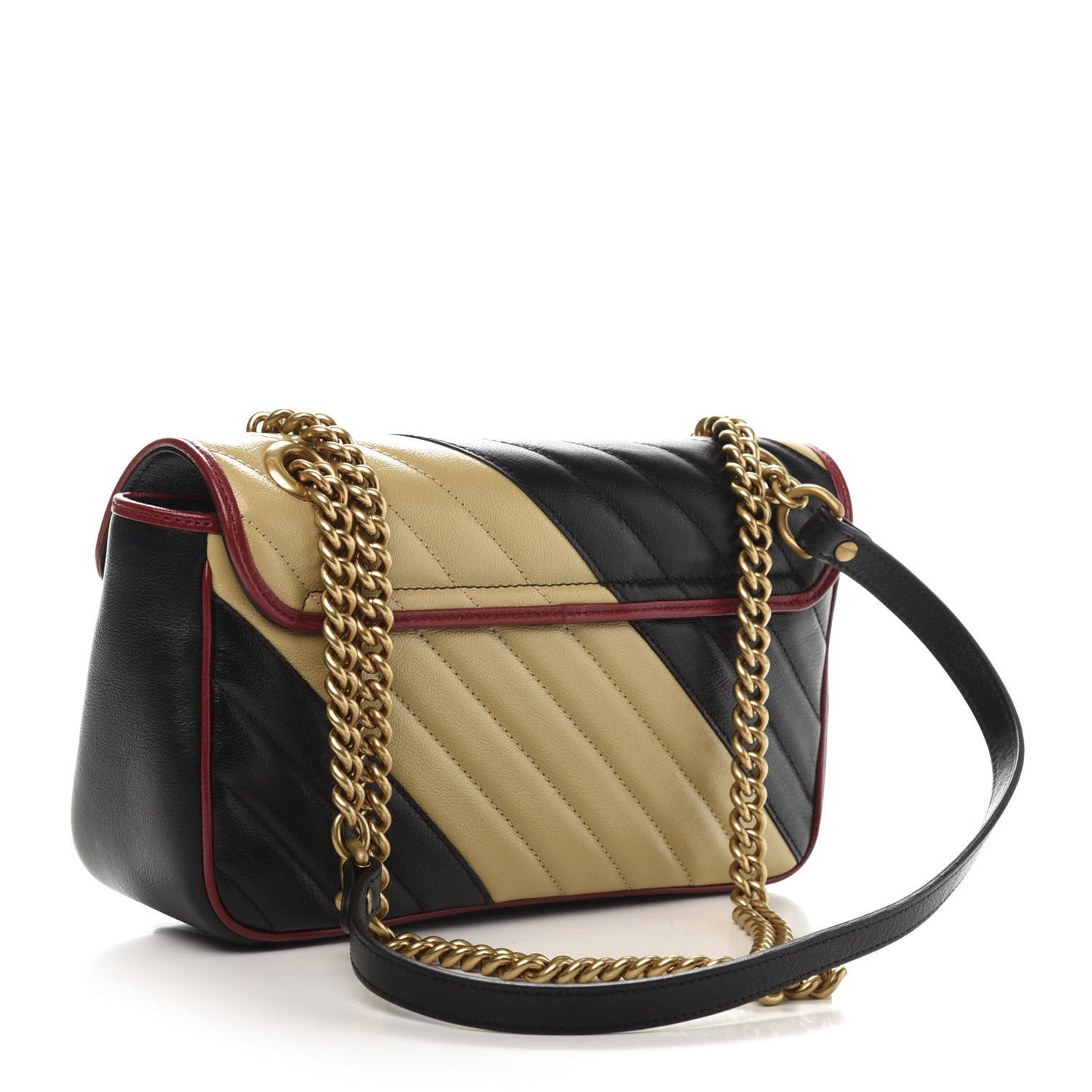 Vintage Effect Calfskin Matelasse Diagonal Striped Small Torchon GG Marmont Shoulder Bag Black Beige