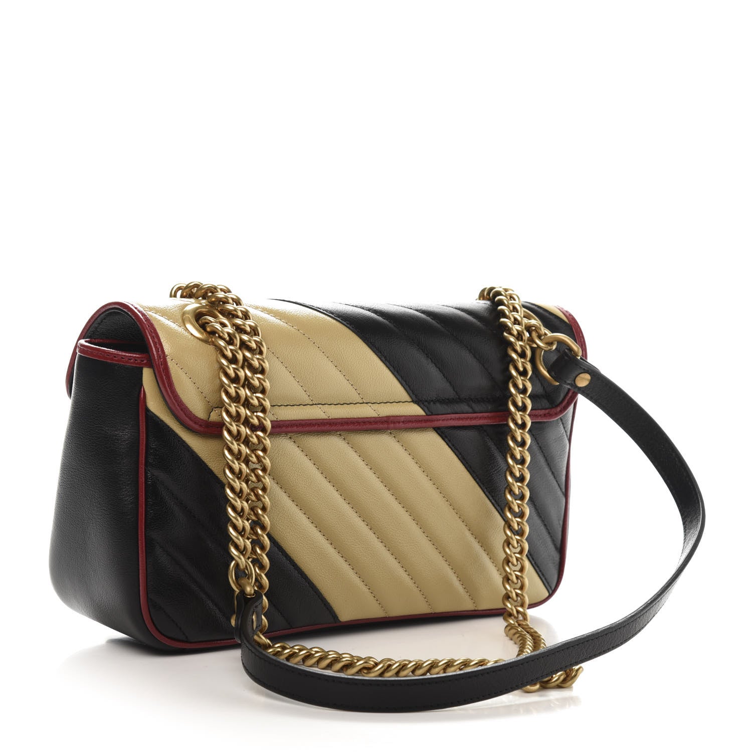 Gucci Vintage Effect Calfskin Matelasse Diagonal Striped Small Torchon GG Marmont Shoulder Bag Black Beige 2 of 12