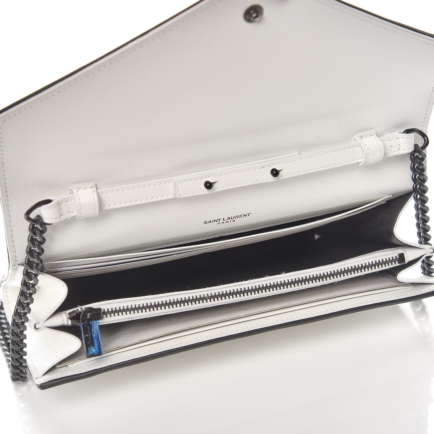 Saint Laurent Grain De Poudre Matelasse Monogram Chain Wallet White Black 5 of 6