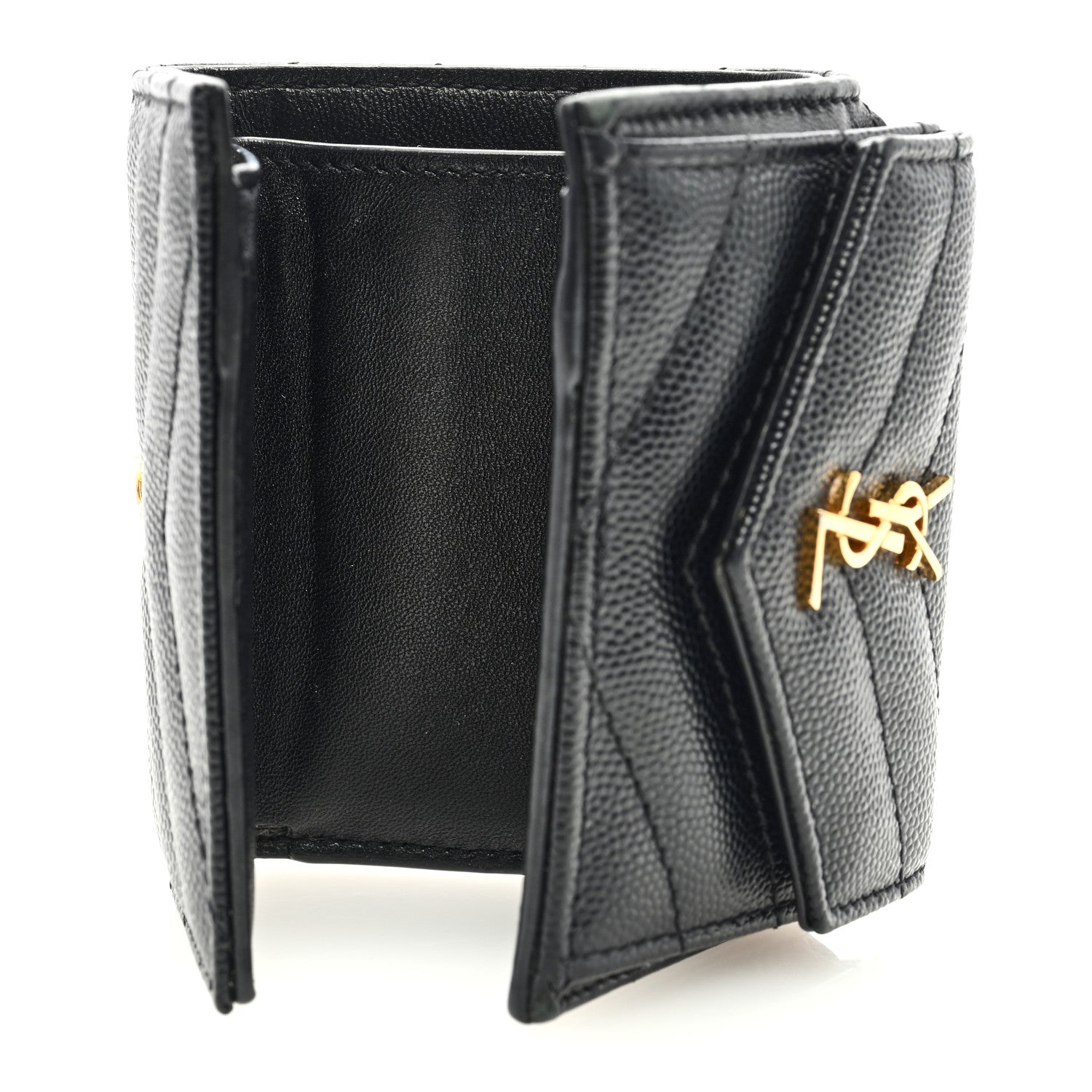 Saint Laurent Grain De Poudre Matelasse Chevron Monogram Compact Tri Fold Pocket Wallet Black 5 of 6