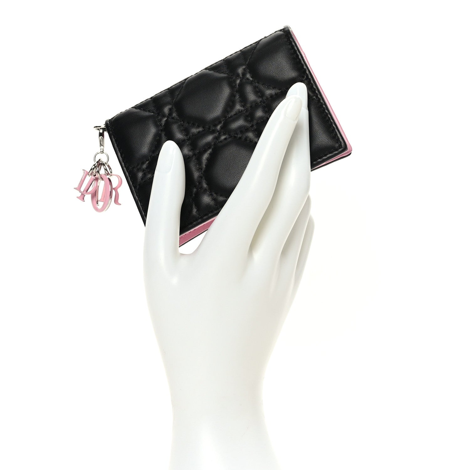 Christian Dior Lambskin Cannage Bi-Color Small Lady Dior Flap Card Holder Black Pink 2 of 9