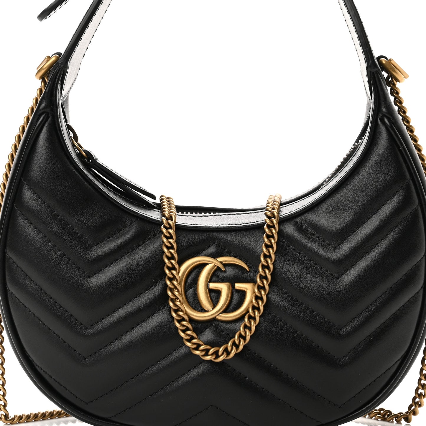 Calfskin Matelasse Chevron Mini GG Marmont Half Moon Hobo Black