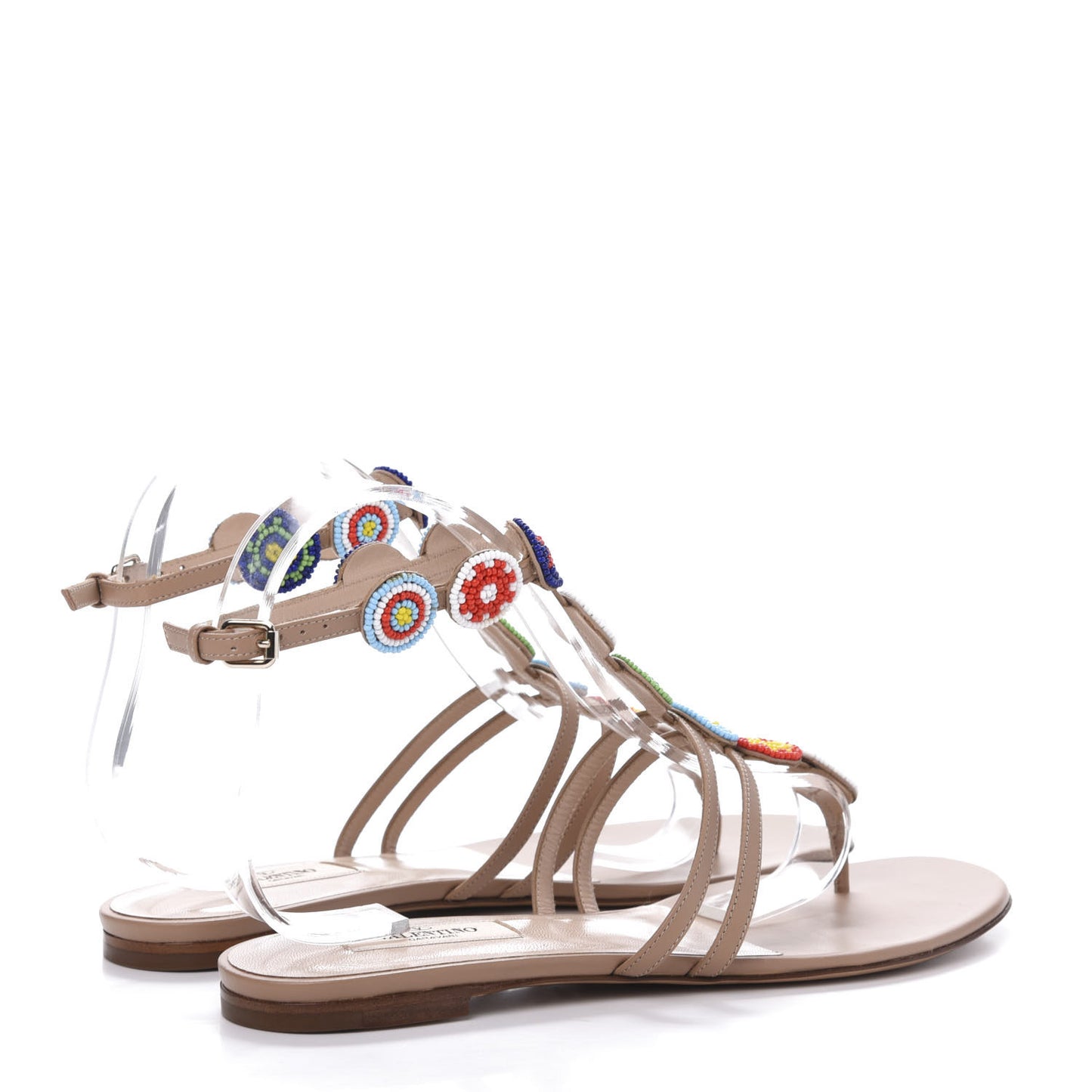 Nappa Beaded Medallion Ankle Wrap Flat Thong Sandals 39 Skin Sorbet