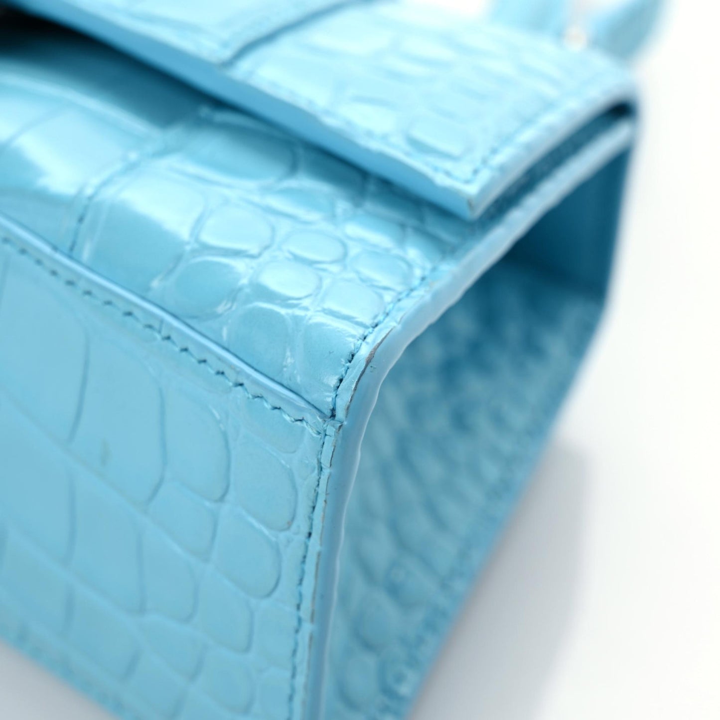Shiny Calfskin Crocodile Embossed Hourglass Top Handle Bag XS Azur