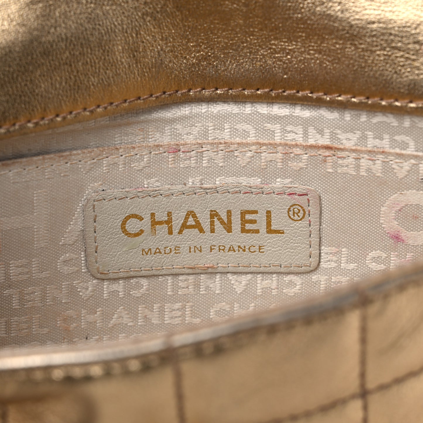 Metallic Lambskin Quilted Chocolate Bar 3 Chain Flap Gold