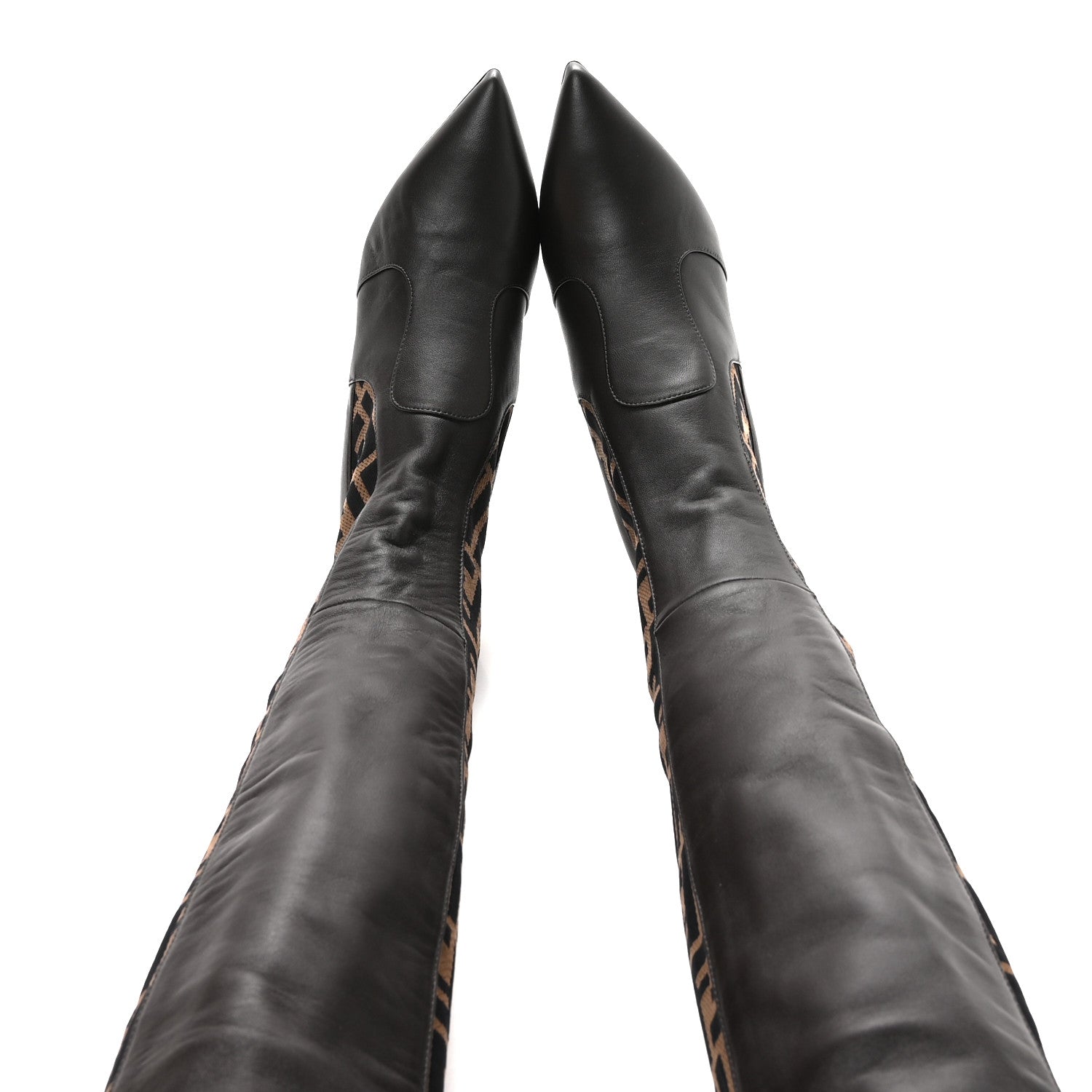 Fendi Nappa Microfiber Fabric FF Rockoko Thigh High Boots 37 Ebano