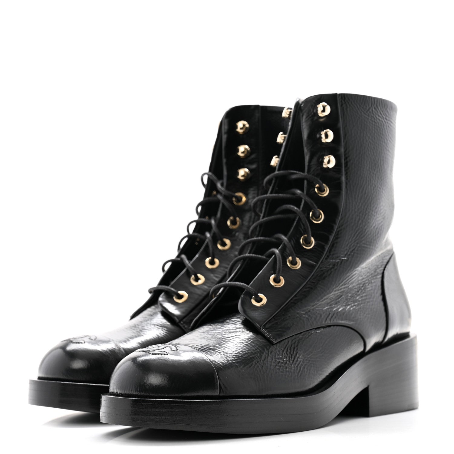 Chanel Shiny Goatskin Cap Toe Combat Boots 39.5 Black Dark Grey 3 of 8