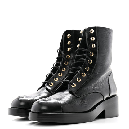Chanel Shiny Goatskin Cap Toe Combat Boots 39.5 Black Dark Grey 3 of 8