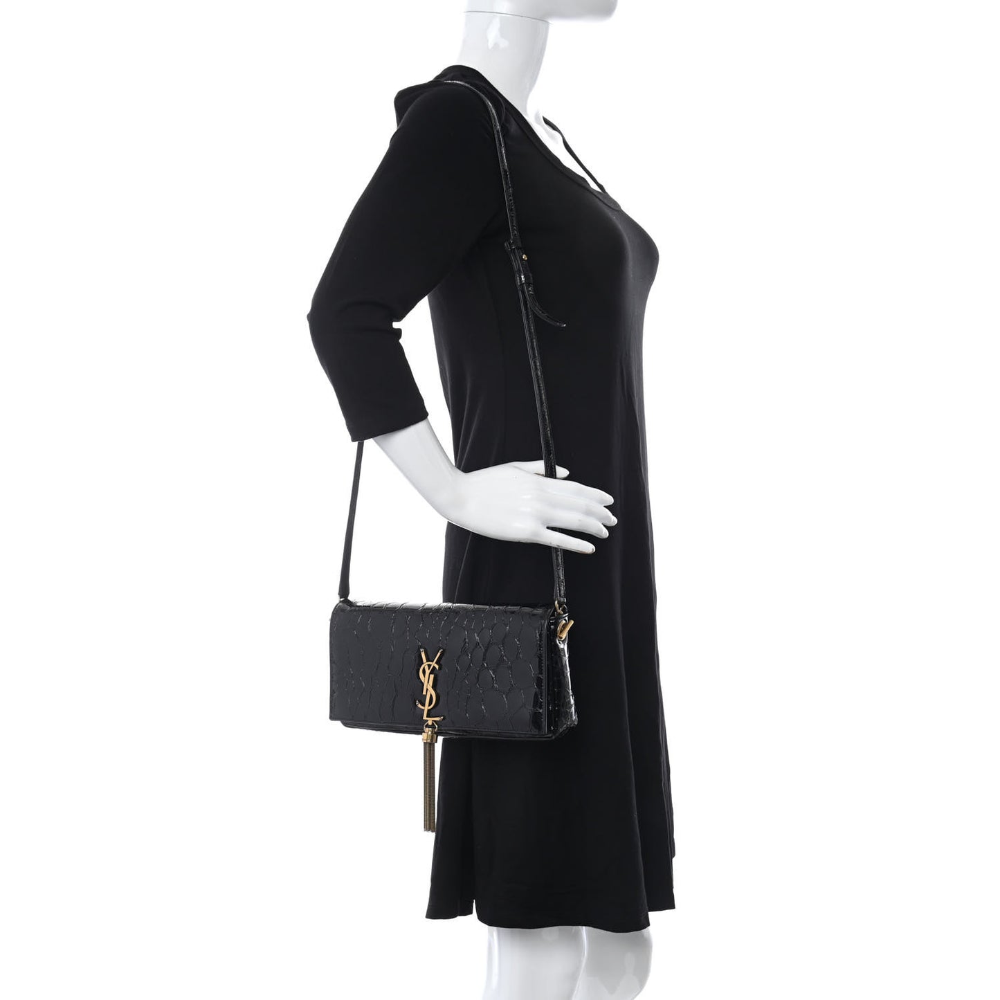Crocodile Embossed Patent Leather Monogram Tassel Kate 99 Black