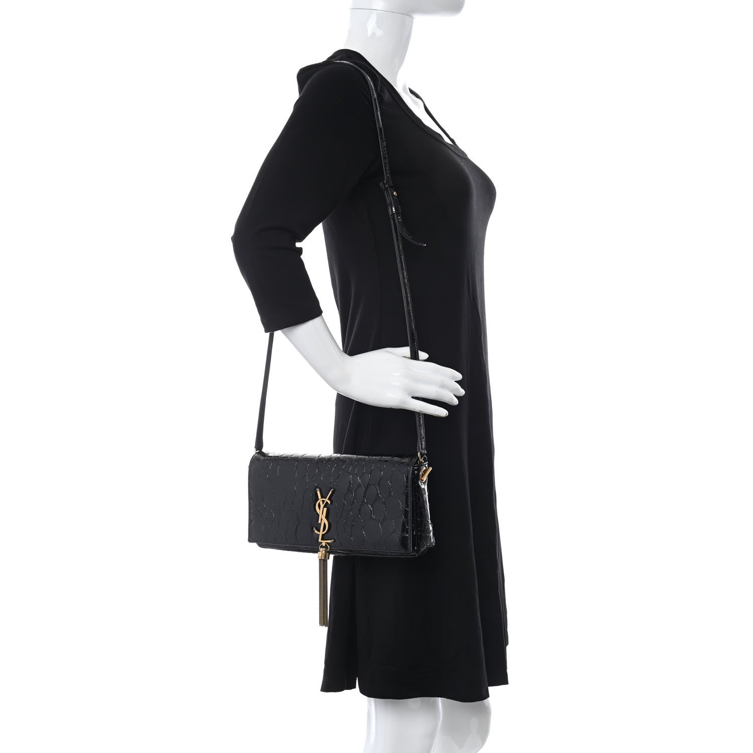 Saint Laurent Crocodile Embossed Patent Leather Monogram Tassel Kate 99 Black 2 of 10