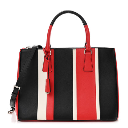 Prada Saffiano Baiadera Striped Medium Galleria Double Zip Tote Black Fuoco White 1 of 12