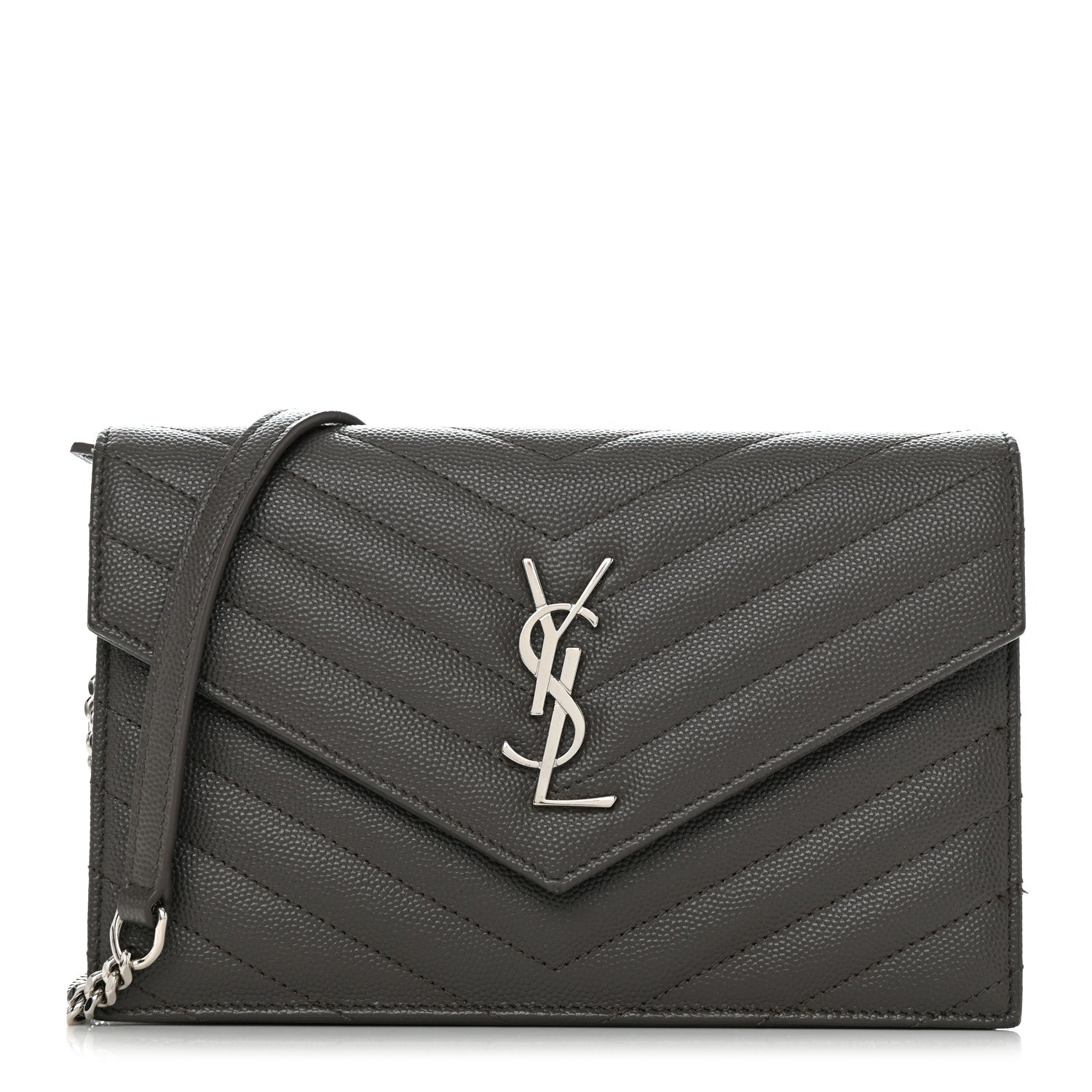 Saint Laurent Grain De Poudre Matelasse Chevron Monogram Envelope Chain Wallet Coal 1 of 12