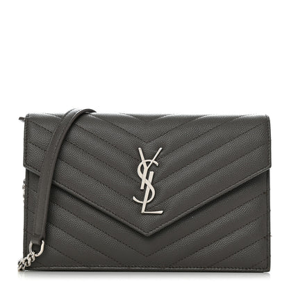 Saint Laurent Grain De Poudre Matelasse Chevron Monogram Envelope Chain Wallet Coal 1 of 12