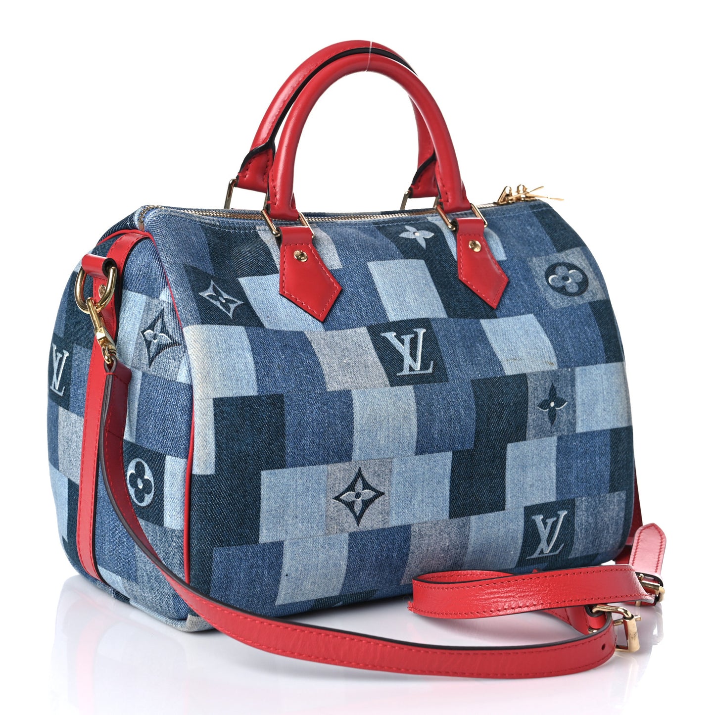 Denim Damier Monogram Patchwork Speedy Bandouliere 30 Blue Rouge