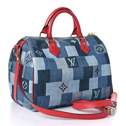 Louis Vuitton Denim Damier Monogram Patchwork Speedy Bandouliere 30 Blue Rouge 3 of 10