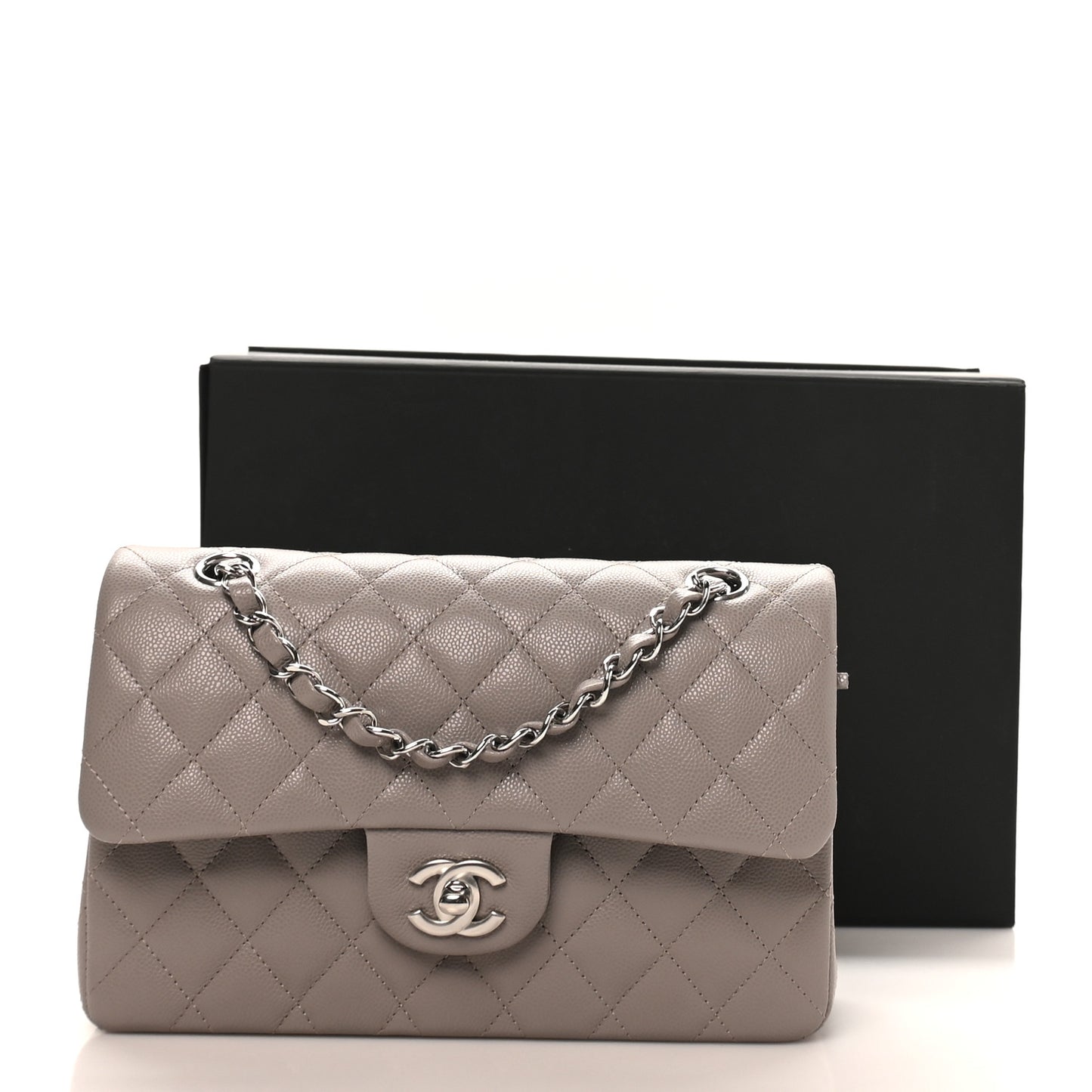 Caviar Quilted Small Double Flap Grey