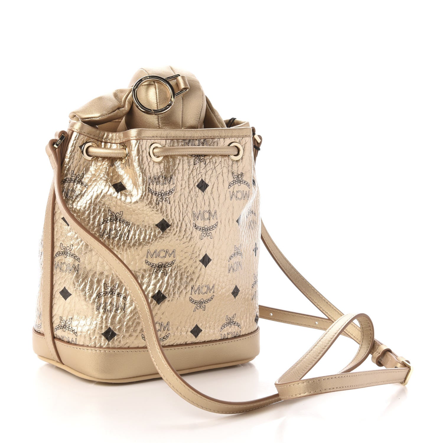 MCM Metallic Visetos Zoo Dog Drawstring Bucket Bag Gold 4 of 12