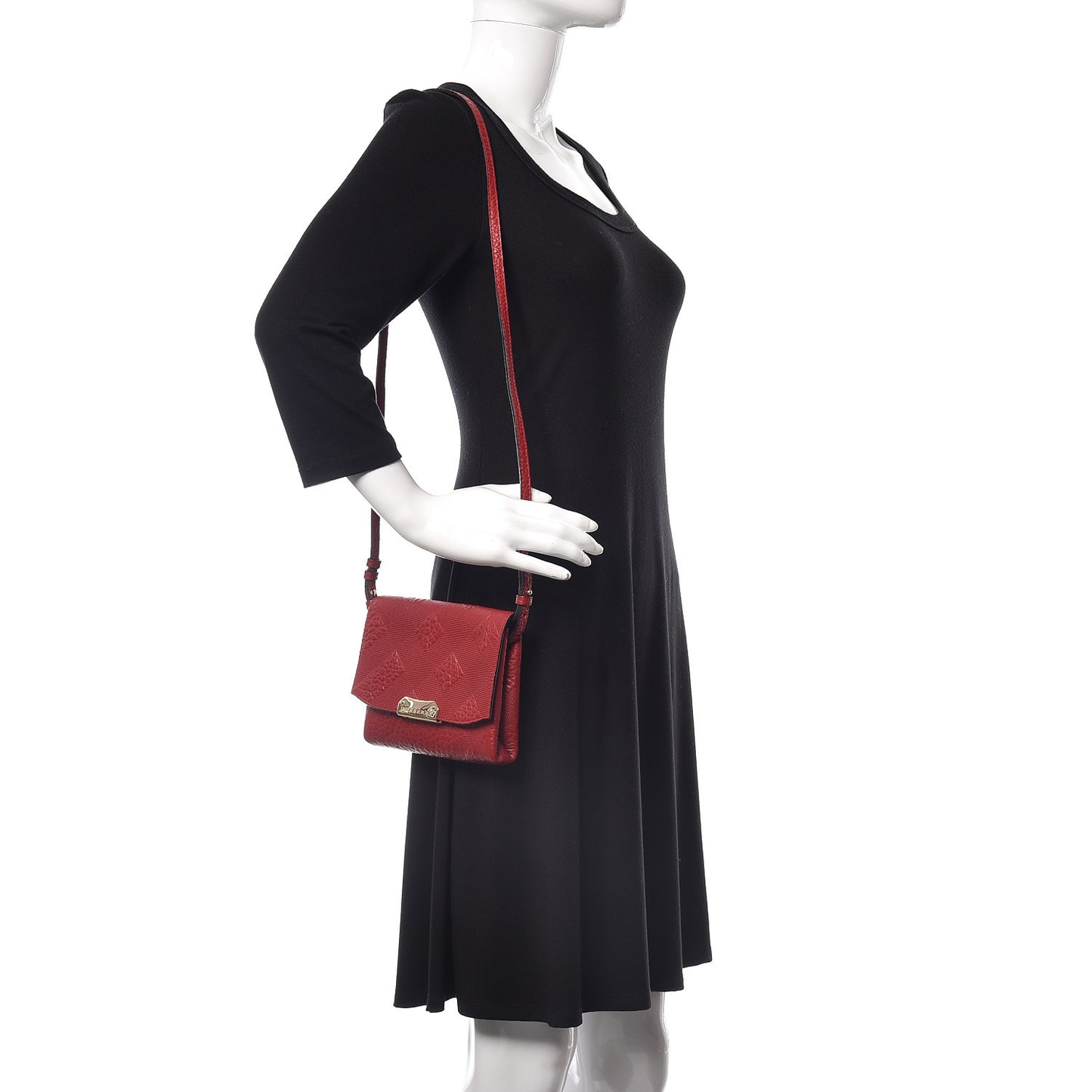 Signature Grain Calfskin Check Embossed Langley Crossbody Military Red