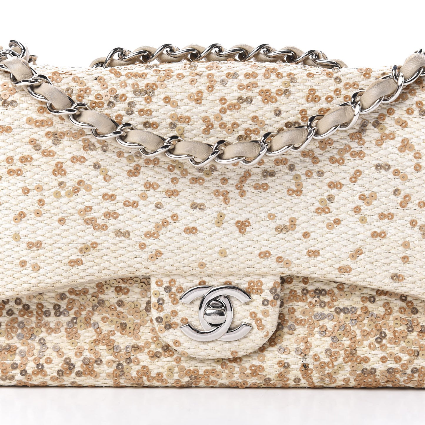Raffia Sequin Small Single Flap Beige Gold