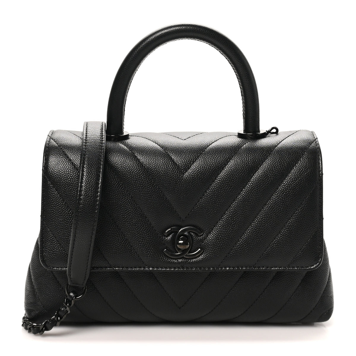 Caviar Chevron Quilted Mini Coco Handle Flap So Black