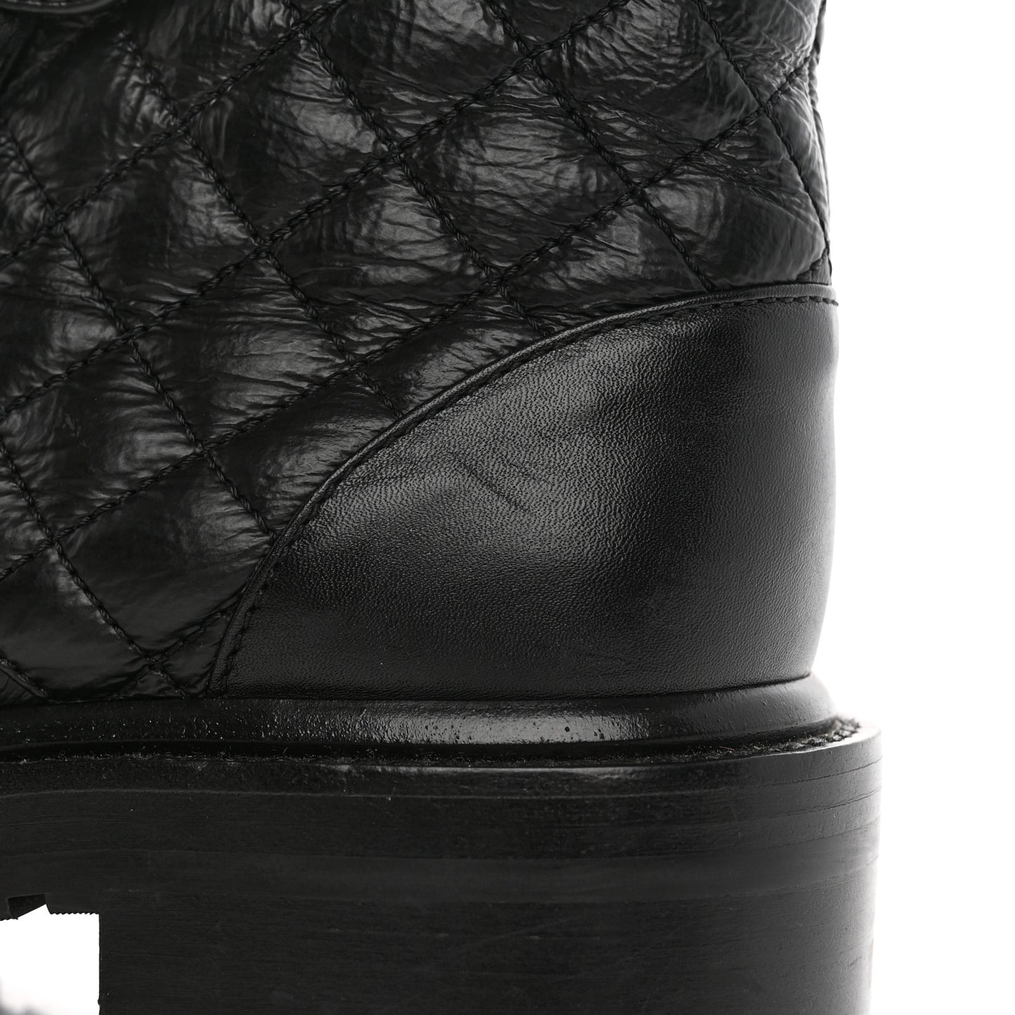 Shiny Calfskin Quilted Lace Up Combat Boots 35.5 Black
