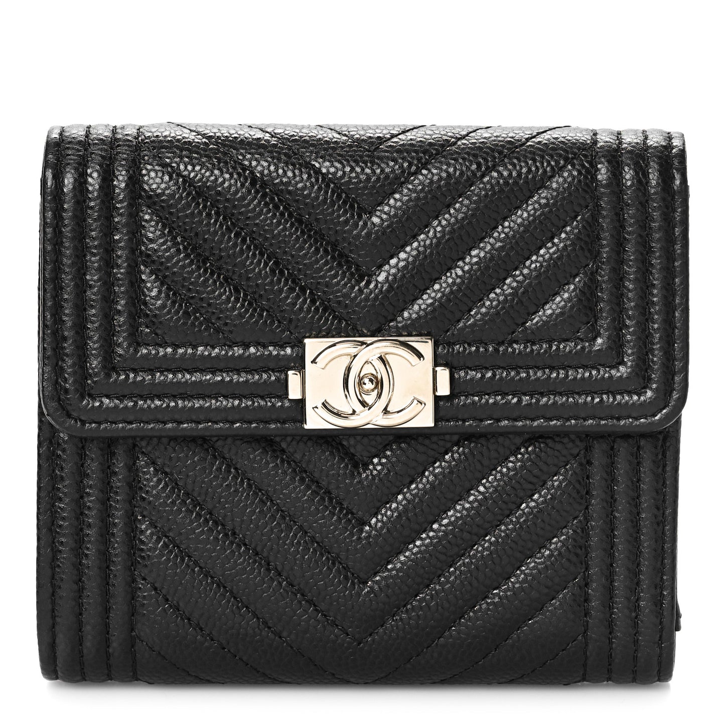 Caviar Chevron Quilted Boy Compact Wallet Black