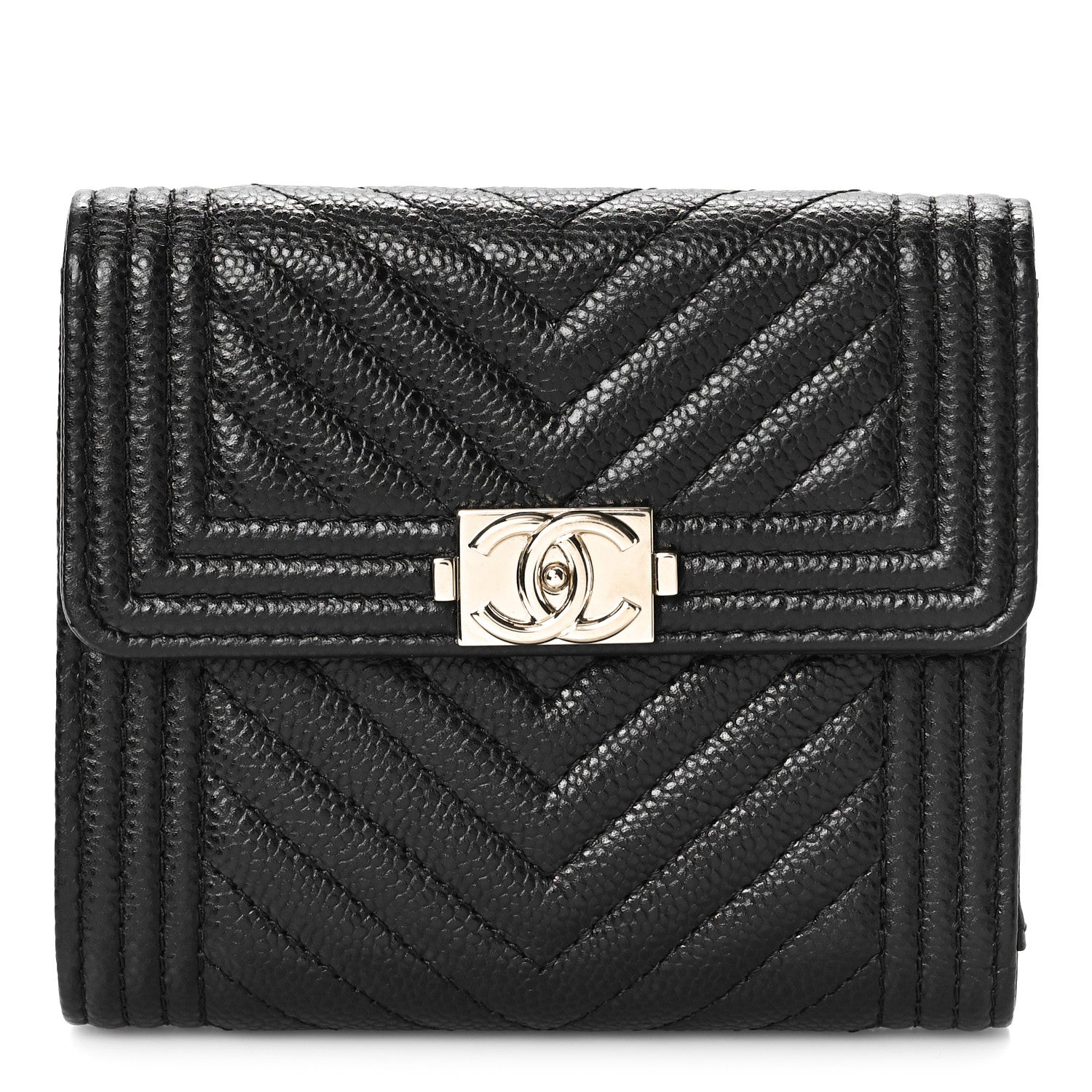 Chanel Caviar Chevron Quilted Boy Compact Wallet Black 1 of 10