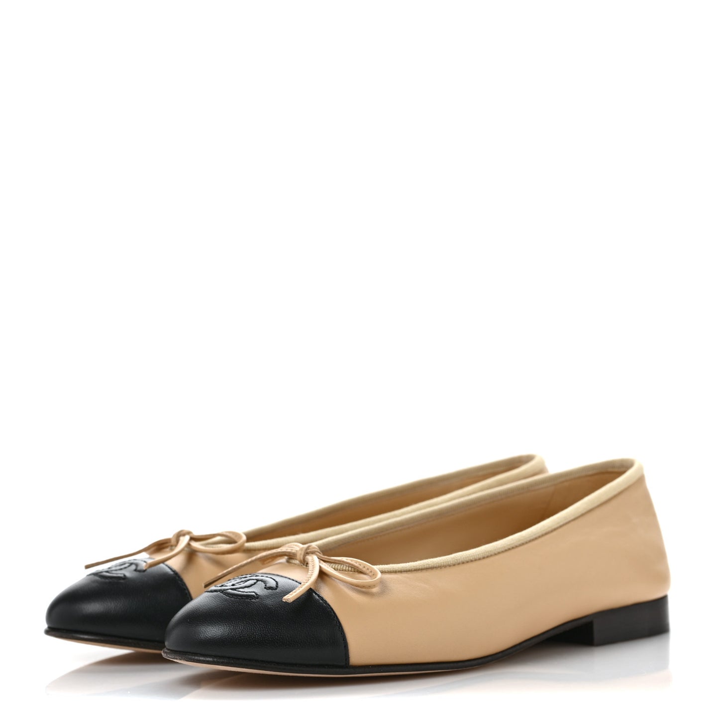 Lambskin Cap Toe Ballerina Flats 36 Beige Black