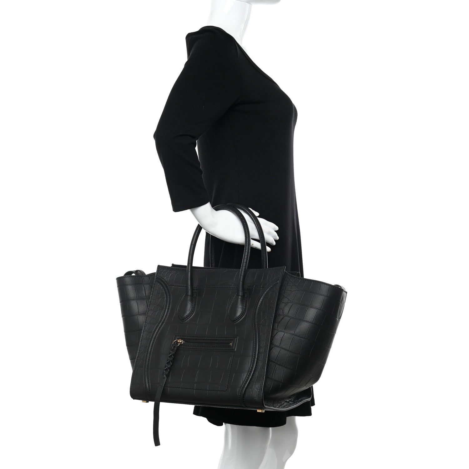 Celine Crocodile Embossed Calfskin Medium Phantom Luggage Black 2 of 9