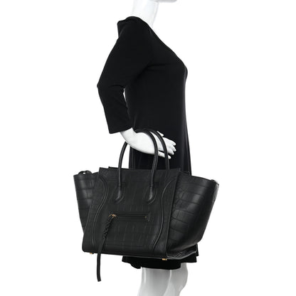 Celine Crocodile Embossed Calfskin Medium Phantom Luggage Black 2 of 9