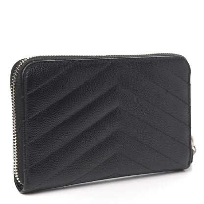 Saint Laurent Grain De Poudre Matelasse Chevron Monogram Small Zip Around Wallet Black 2 of 6