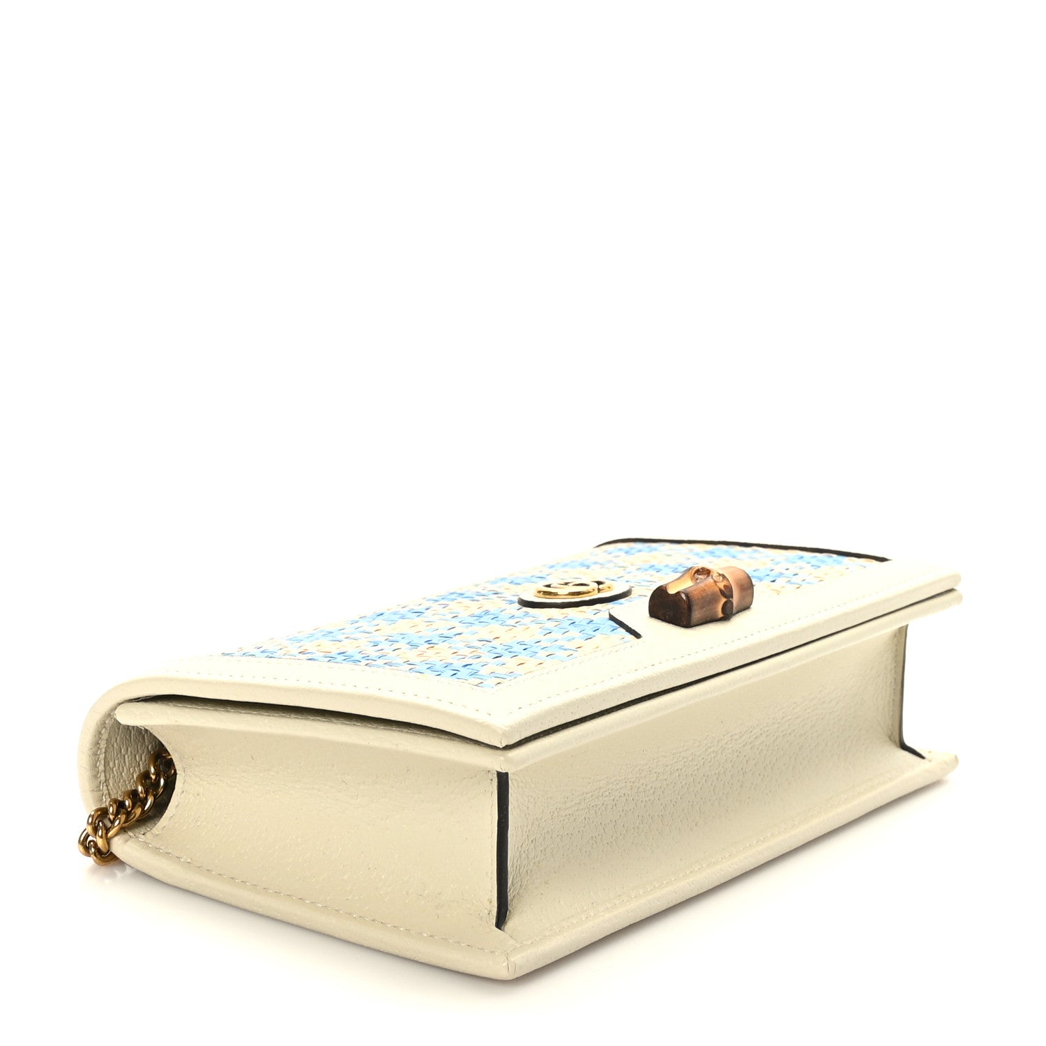 Gucci Polished Raffia Textured Dollar Calfskin Houndstooth Mini Diana Chain Bag Natural Light Blue Mystic White 4 of 10