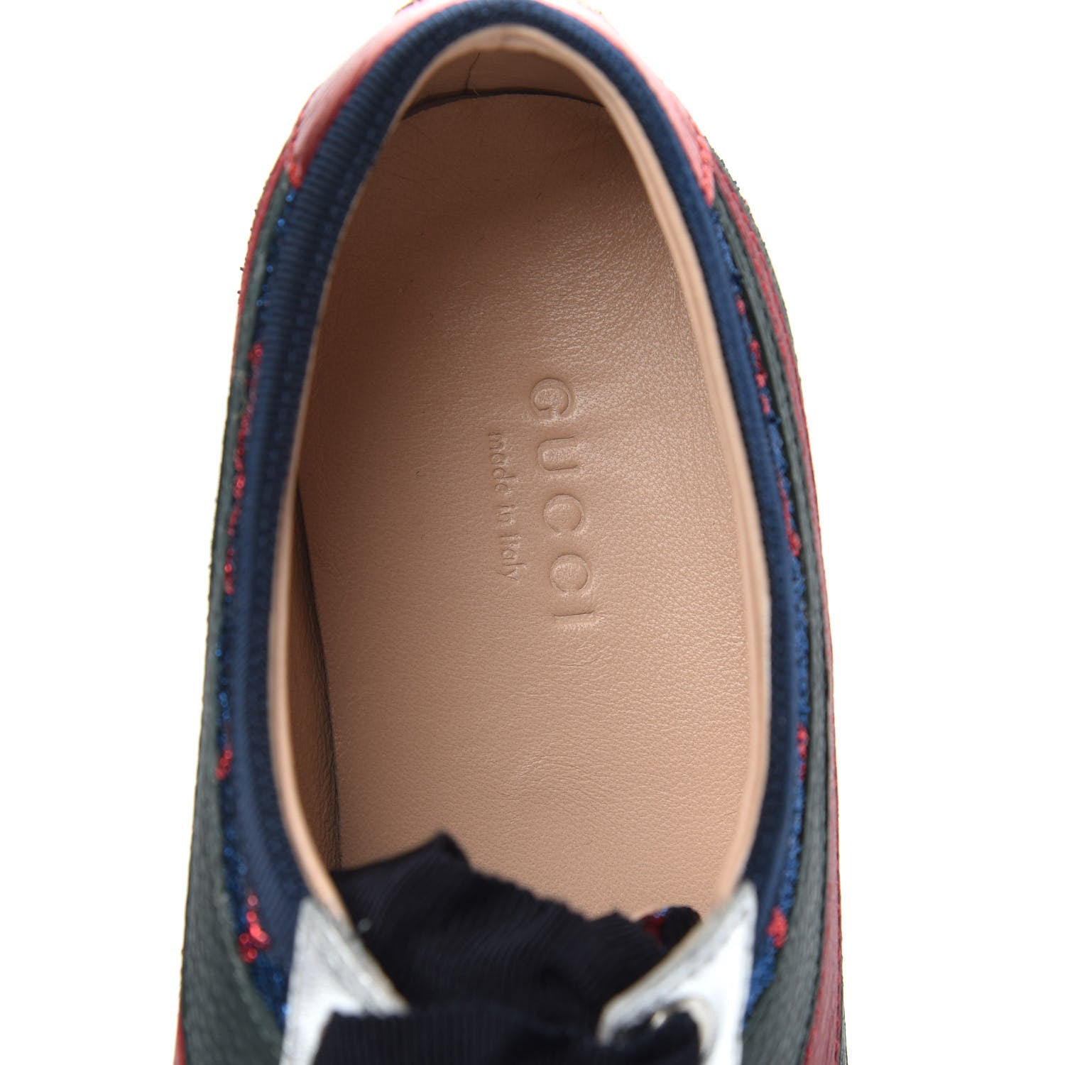 Gucci Lurex Calfskin Web GG Monogram Womens Falacer Sneakers 35.5 Iridescent Blue Iridescent Red Silver 6 of 9