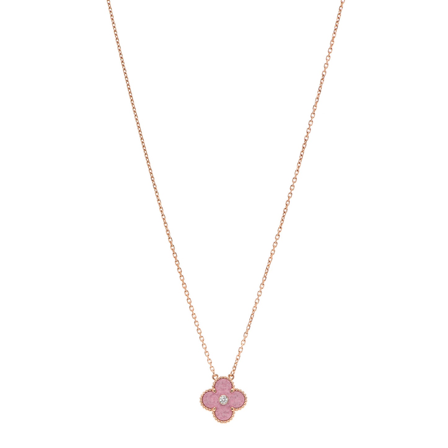 18K Rose Gold Diamond Rhodonite Vintage Alhambra Pendant Necklace