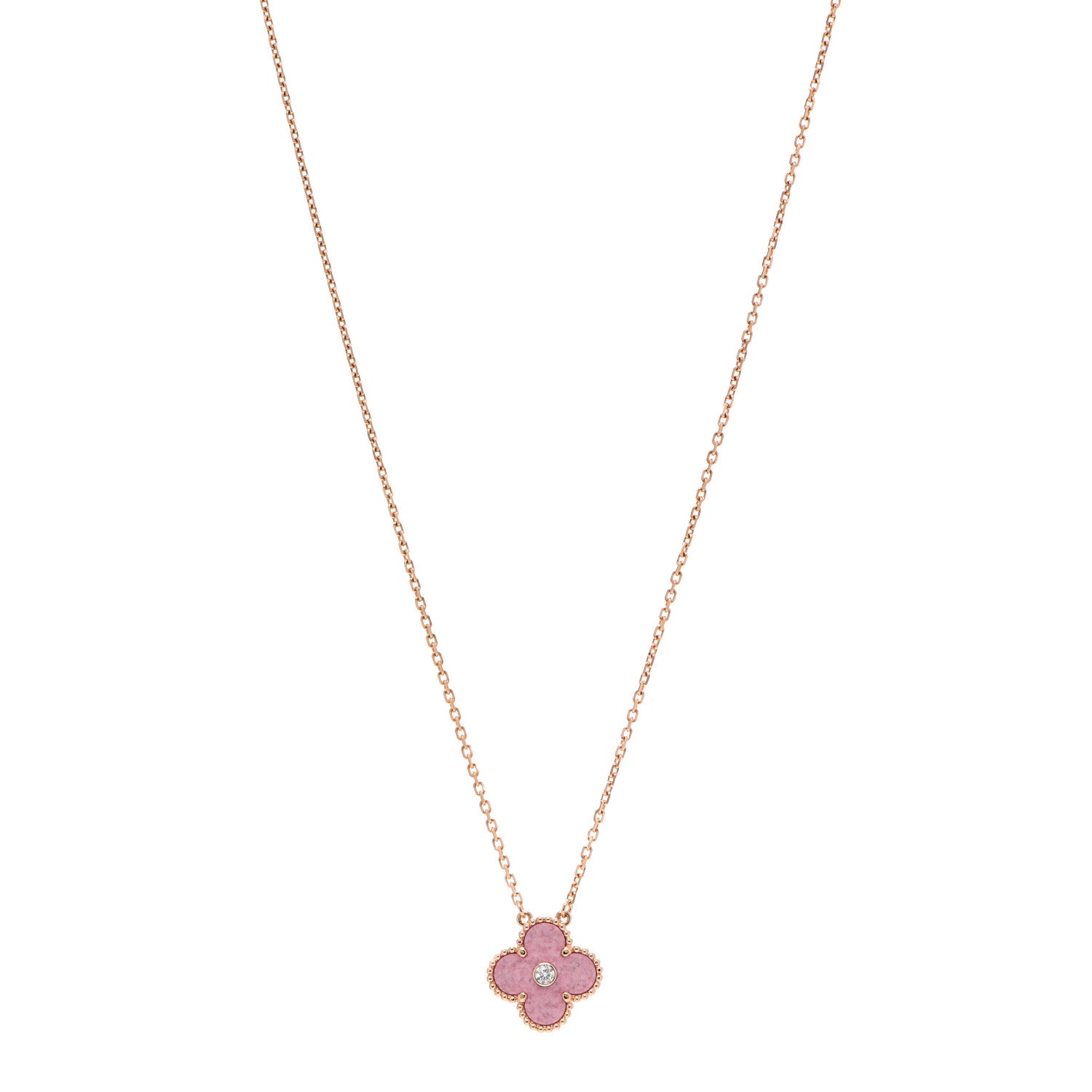 Van Cleef & Arpels 18K Rose Gold Diamond Rhodonite Vintage Alhambra Pendant Necklace 1 of 7