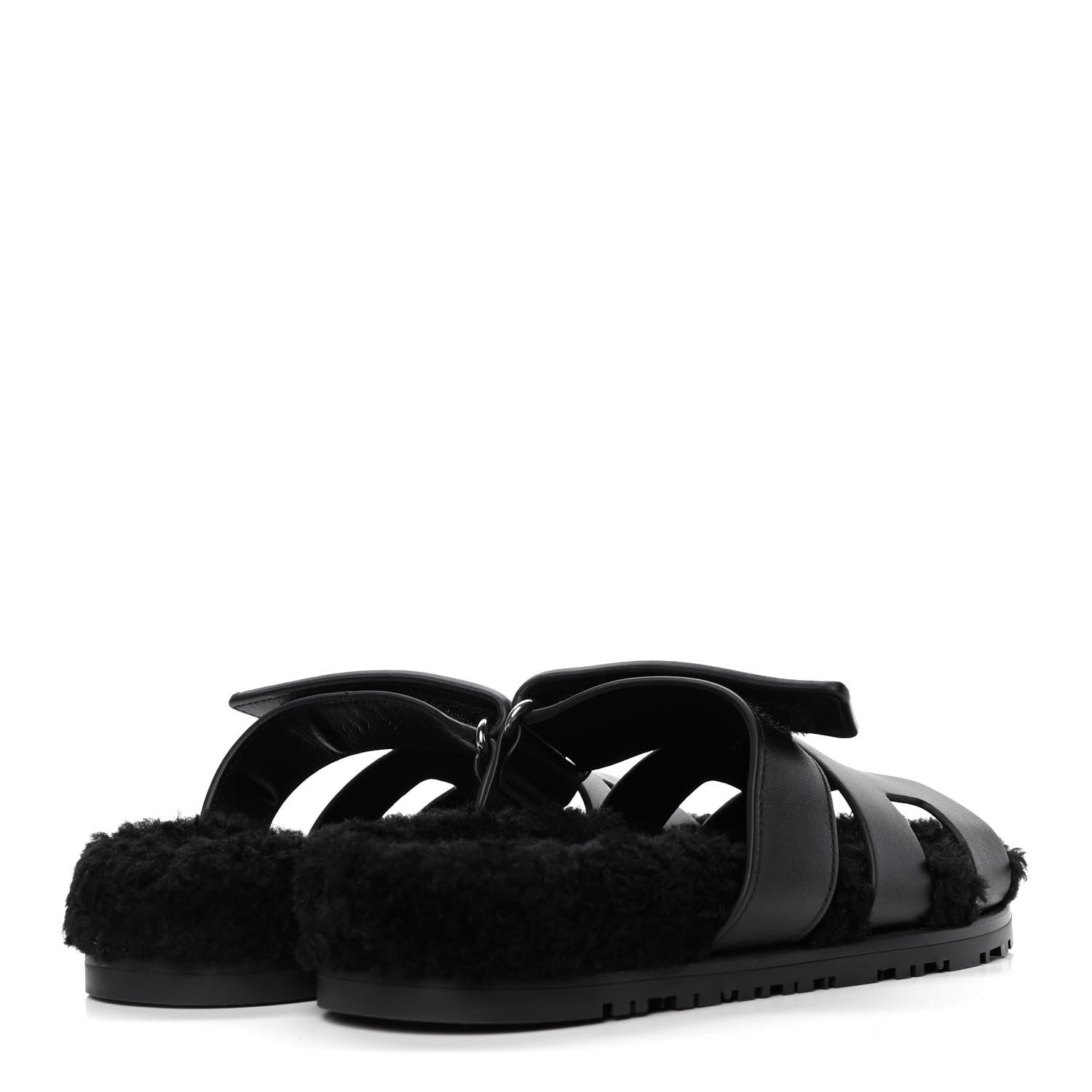 Hermes Calfskin Woolskin Womens Chypre Sandals 36 Black 3 of 5