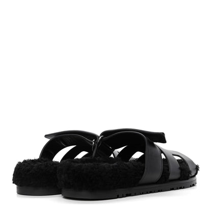 Hermes Calfskin Woolskin Womens Chypre Sandals 36 Black 3 of 5