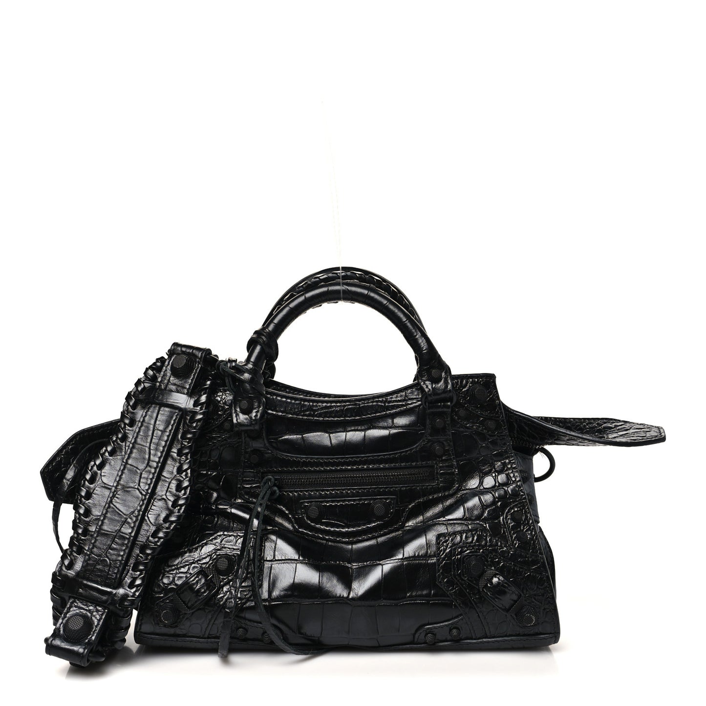 Semi Shiny Calfskin Crocodile Embossed Monochrome Neo Cagole Handbag XS Black