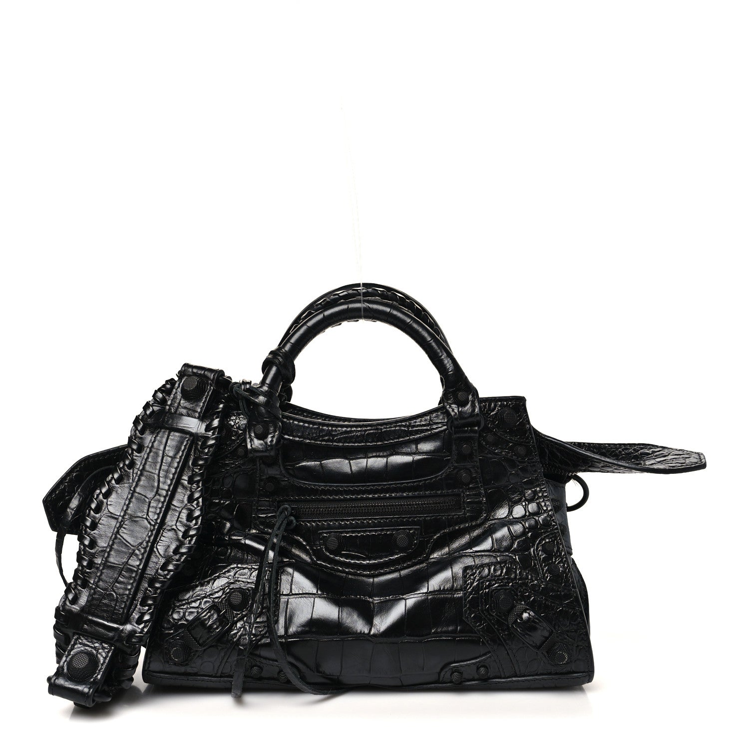 Balenciaga Semi Shiny Calfskin Crocodile Embossed Monochrome Neo Cagole Handbag XS Black 1 of 10